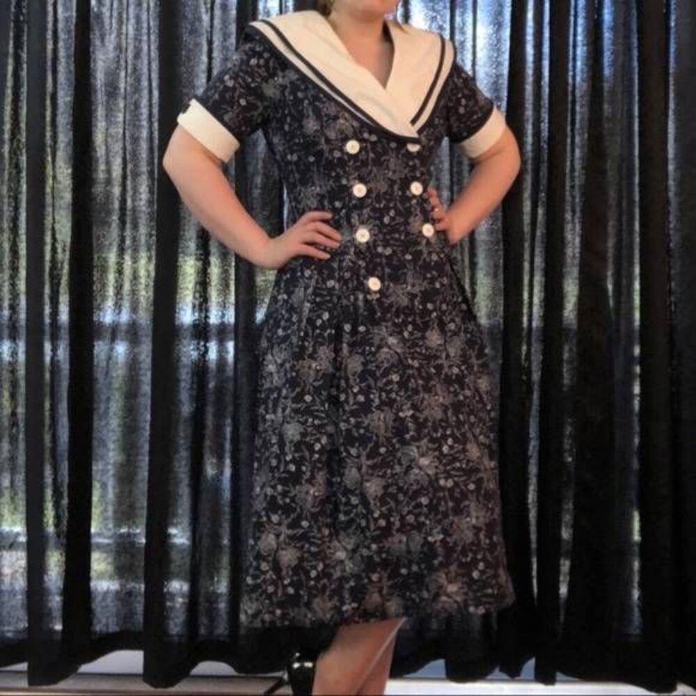 Sunshine Starshine Vintage 70s Blue Floral Sailor Midi Dress 10 Retro Rockabilly